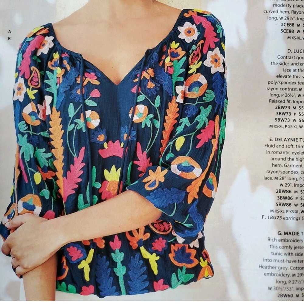 Soft Surroundings Navy Floral Embroidered Blouse